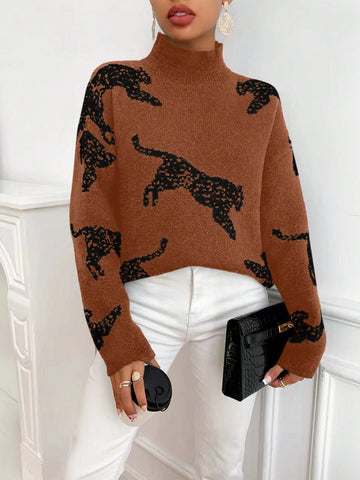 Women's Leopard Pattern High Neck Drop Shoulder Sweater