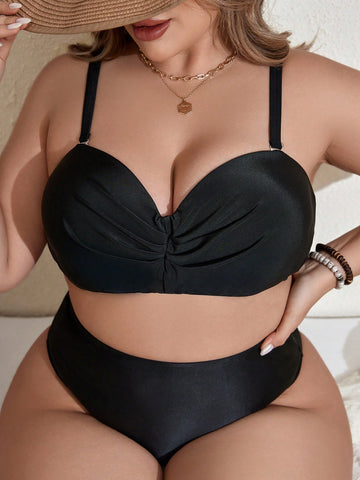 Plus Size Solid Color Bikini Top With Pleated Detail Carnival