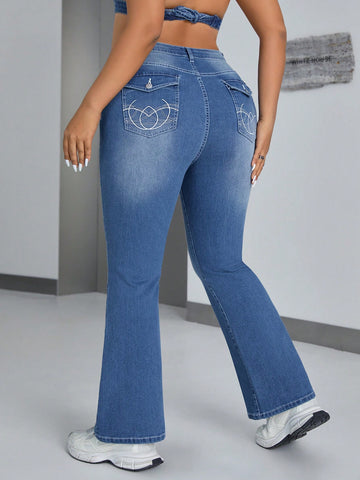 Plus Size Embroidered Pocket Flared Jeans