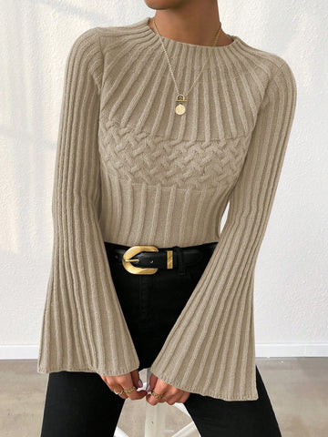 Women's Cable Knitted Sweater With Bell Sleeves