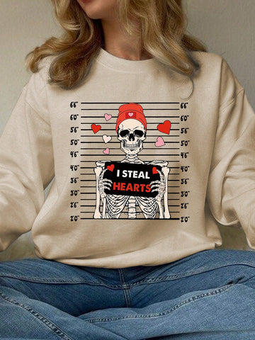 Plus-Size Valentine's Day Skull, Heart And Letter Printed Round Neck Sweatshirt