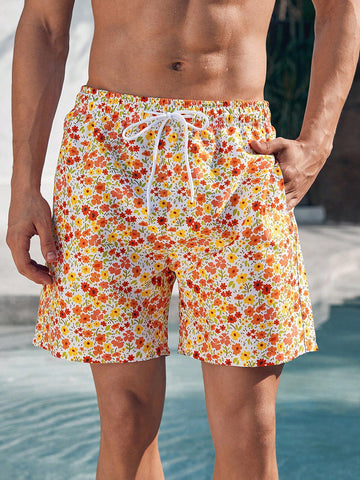 Men's Floral Drawstring Waist Beach Shorts