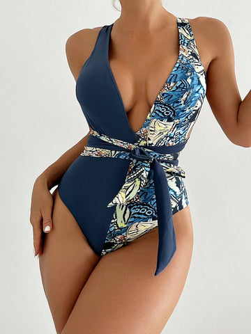 Random Printed Backless One-Piece Bathing Suit Carnival