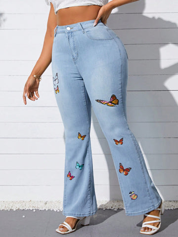 Plus Size Women'S Butterfly Print Flared Jeans