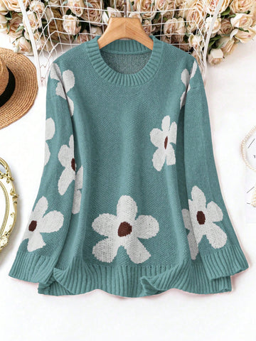 Plus Size Floral Printed Long Sleeve Sweater Pullover