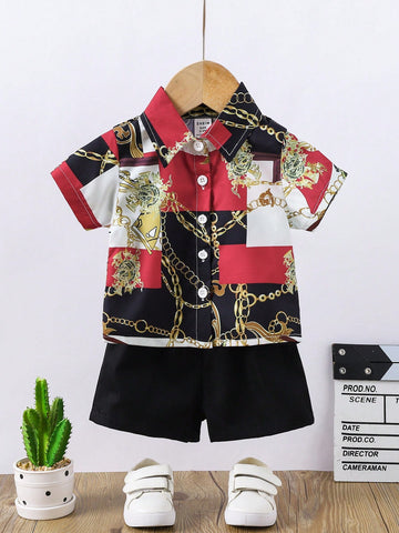 Baby Boy Color Blocked Chain Print Shirt And Solid Color Shorts Set