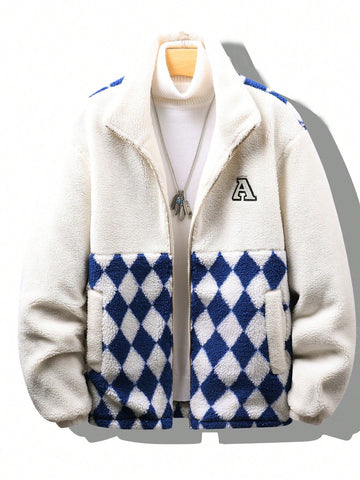 Men's Zipper Front Teddy Winter Coat With Diamond-Shaped Patchwork