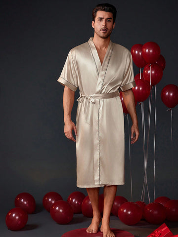Valentine's Day Men's Color Block Belted Robe With Rolled Edge