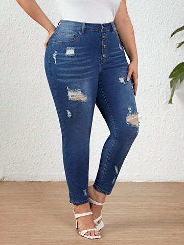 Plus Size Slim Fit Distressed Jeans
