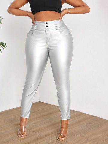 Plus Size Trendy Made Of Pu Fabric Tight-Fit Pants