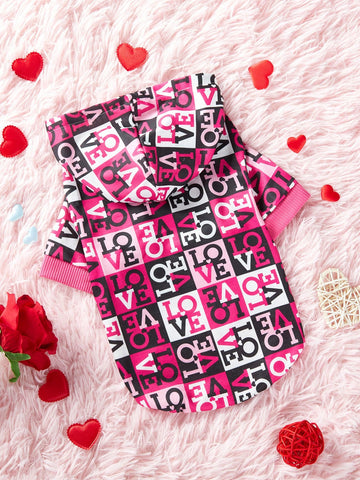 Valentine's Day Pink And Black Plaid Love Letter Print Pet Cat And Dog Wearable Hooded Sweatshirt 1 Piece