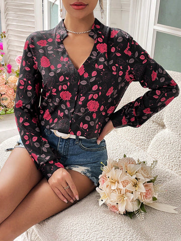 Women'S Romantic Rose Print Casual Shirt With Notch Neckline