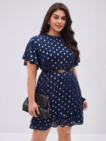 Plus Size Women'S Butterfly Sleeve Dress With Gold Foil Print
