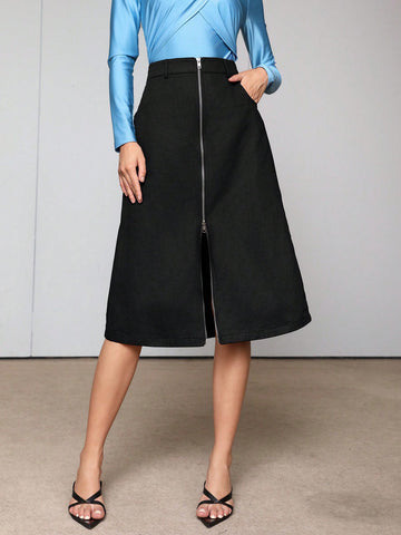 Women's Knee-Length Skirt With Zipper Front