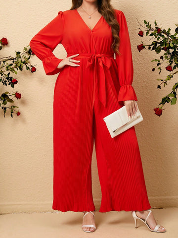 Plus Size Wrap Neckline Flared Long Sleeved Jumpsuit With Wide Leg