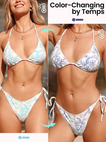 Floral Print Halter Triangle Tie Side Color Changing Temperature Sensitive Bikini Swimsuit