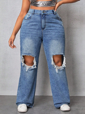 Plus Size Women's High Rise Distressed Straight Leg Jeans