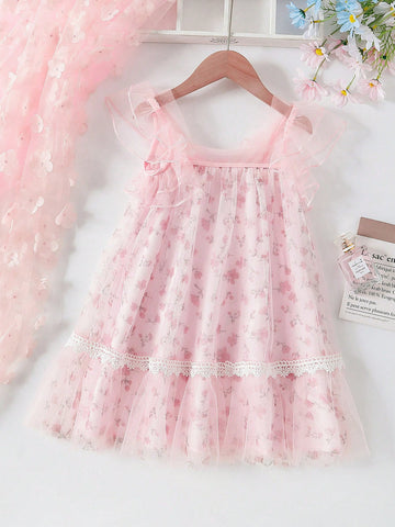 Young Girl Floral Print Inner Cloth Patchwork Mesh Ruffle Sleeve Dress With Bow Decorations