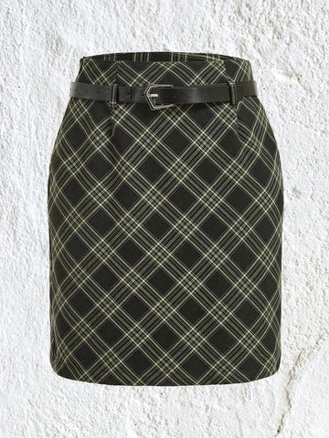 Green Plaid Weave Women'S Skirt With Belt