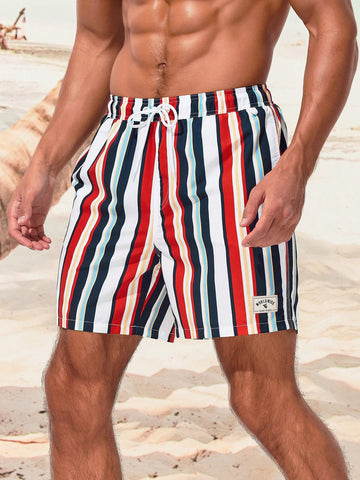 Men'S Striped Printed Drawstring Waist Beach Shorts