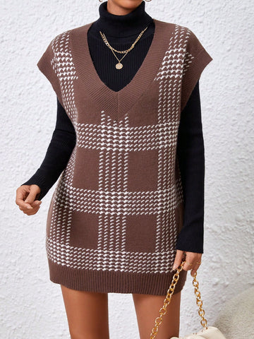 1pc V-Neck Checkered Sleeveless Sweater Vest