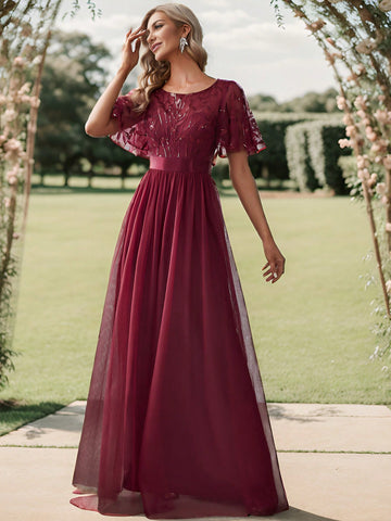 Sequin Butterfly Sleeve Mesh Prom Bridesmaid Dress