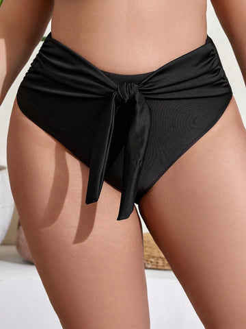 Women'S Plus Size Solid Color Triangle Bikini Bottoms With Knot Detail