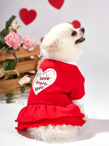 Red Love Heart Printed Bowknot Decor Casual Pet Dress For Valentine's Day, Cats And Dogs