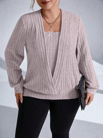 Plus Size Solid Color Ribbed Knitted 2 In 1 Sweatshirt