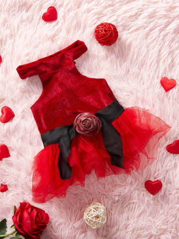 Red Velvet Mesh 3d Rose & Bowknot Decoration Formal Dress For Valentine's Day, Pet Cat Dog Vest Dress