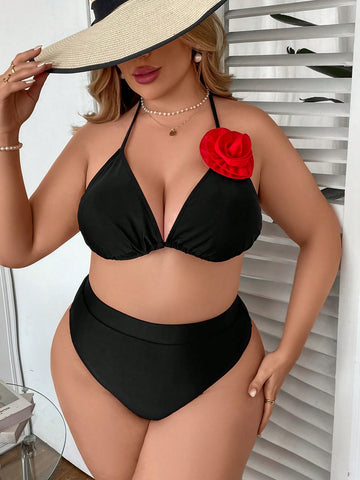 Women'S Plus Size Color-Blocking Bikini Top With 3d Flower Decoration And Halter Neck