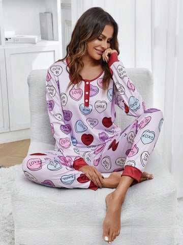 Women's Letter & Heart Printed Long Sleeve & Pants Pajama Set