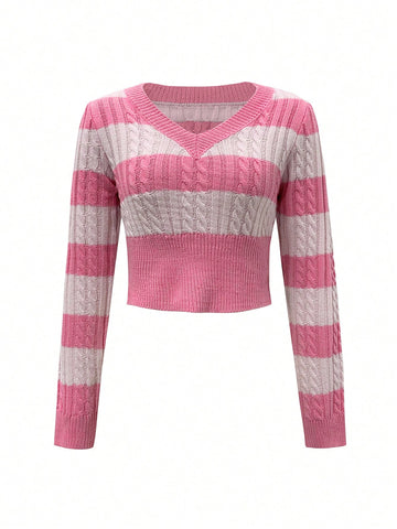 Women's Color Block V-Neck Cable Knit Sweater