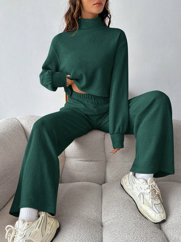 Solid Color Long Sleeve Top And Knitted Pants Set