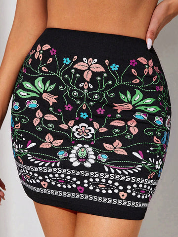 Women's Flower Print Slim Fit Skirt