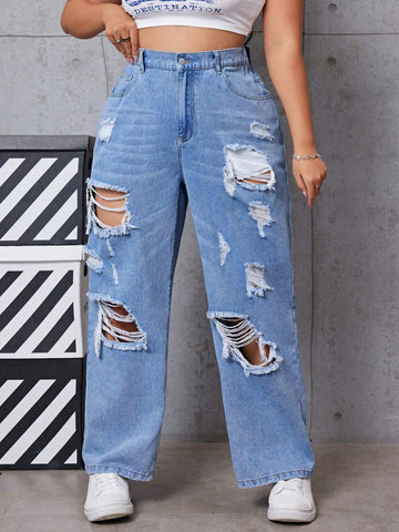 Plus Size High Waisted Ripped Jeans