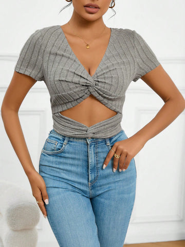 Women's Summer Casual Solid Color Ribbed Twisted Knit Cropped Hollow Out Design Top