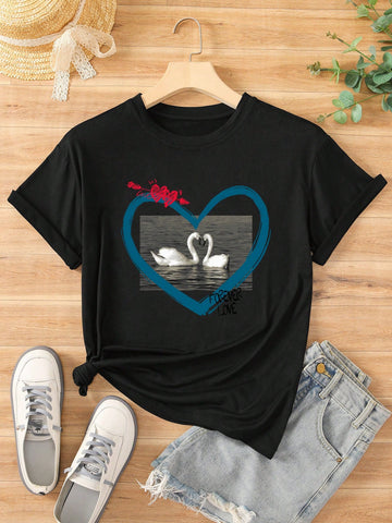 Heart-shape Print Short Sleeve Casual T-shirt