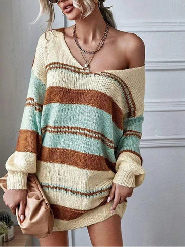 Women's Plus Size Stripe V-Neck Drop Shoulder Casual Sweater