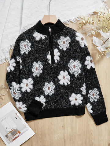 Floral Pattern Zipper Sweater