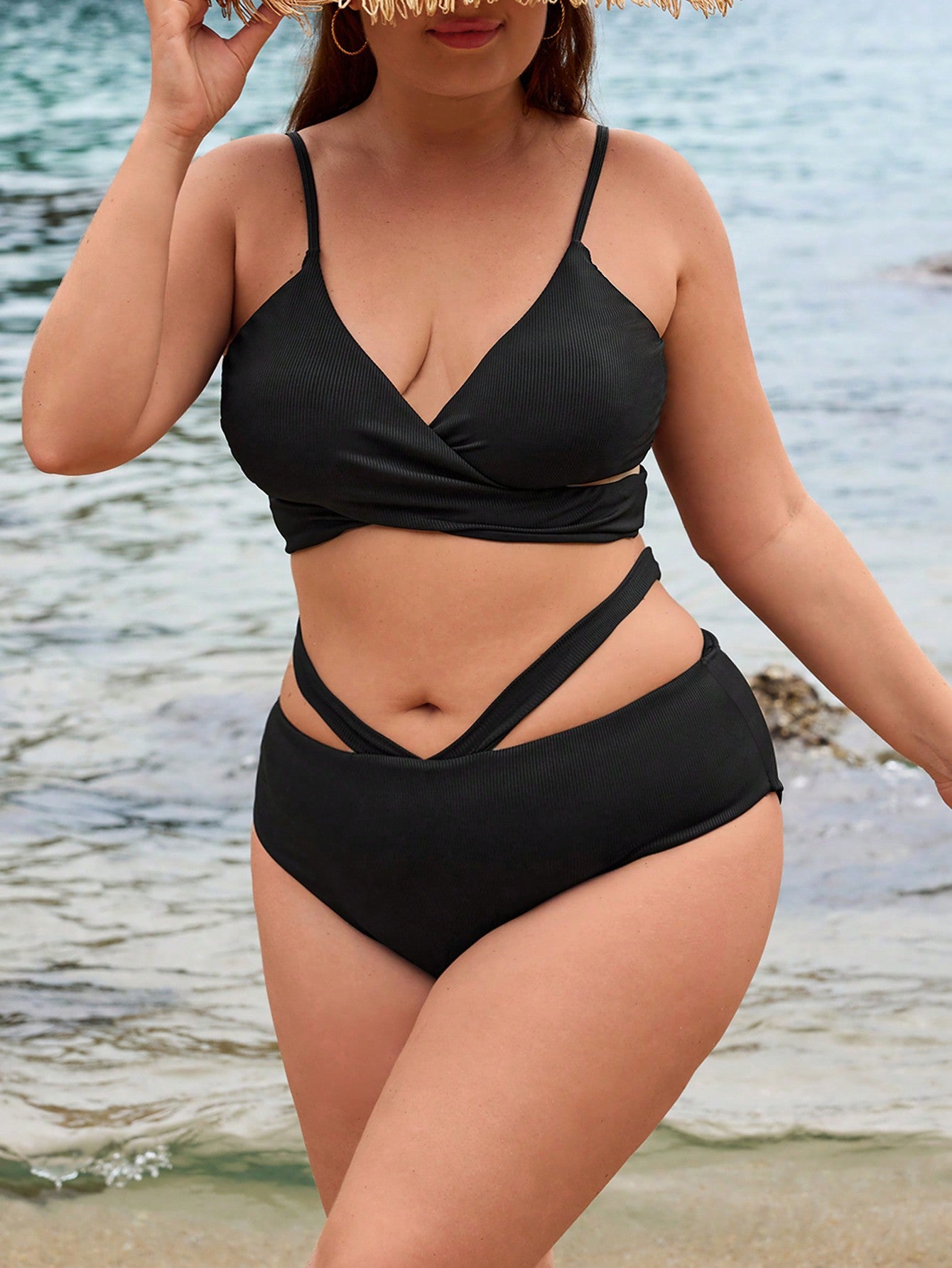 Plus Size Criss-Cross Wrap Back Bralette And Hollow Out Triangle Panties Bikini Swimsuit Set