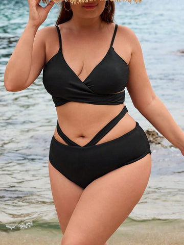Plus Size Criss-Cross Wrap Back Bralette And Hollow Out Triangle Panties Bikini Swimsuit Set