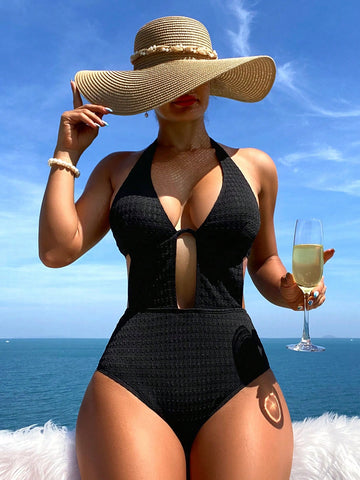Women's Halter Neck Hollow Out One-Piece Swimsuit Music Festival