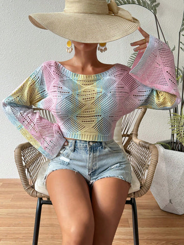 Women's Gradient Hollow Out Knitted Bell Sleeve Cropped Sweater