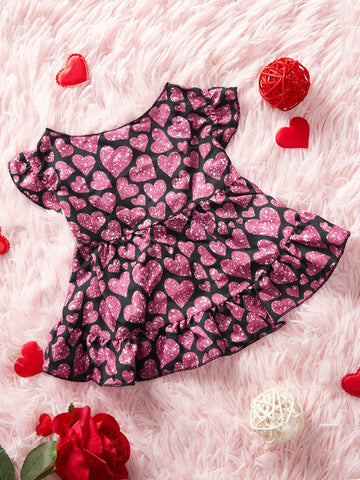 1pc Adorable Sparkling Heart Printed Black & Pink Universal Pet Cat & Dog Dress With Short Sleeves