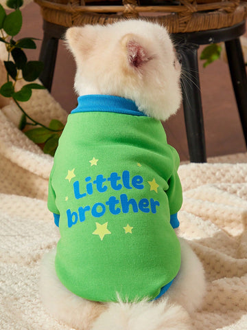 1pc Green Color Block Cute Pet Printed Warm Pet Hoodless Sweatshirt