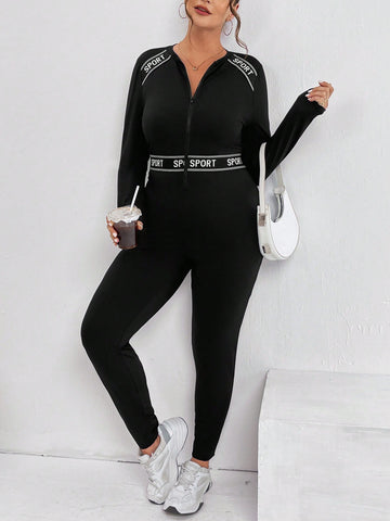 Plus Size Spring And Summer Clothing New Fashion Casual Letter Pattern Zipper Long-Sleeved Slimming Jumpsuit
