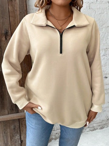 Plus Size Solid Color Front Zipper Sweatshirt