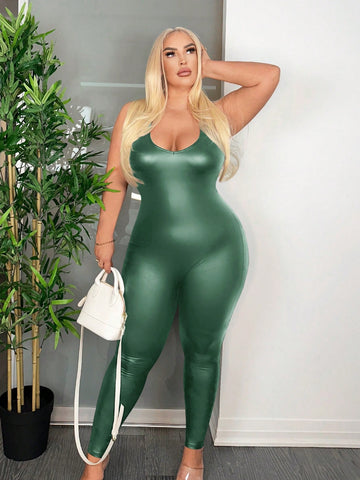 Plus Size Women's Stretchy Pu Leather Bodycon Jumpsuit With Spaghetti Straps