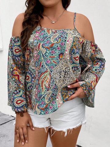 Plus Size Full Printed Hollow Shoulder Blouse